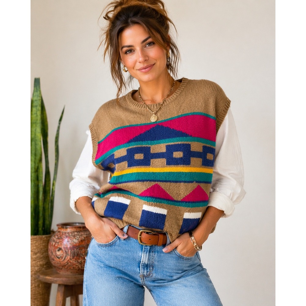 Vintage 90s Ramie‎ Cotton Grandma Core Southwestern Knit Vest L